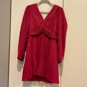 Anthropology x Aureta Pleated Magenta Pink V Neck Long Sleeve Dress